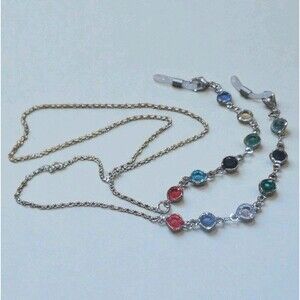 Silver Tone Glasses Chain Holder Multi Color Faceted Glass Bazel Set Stations